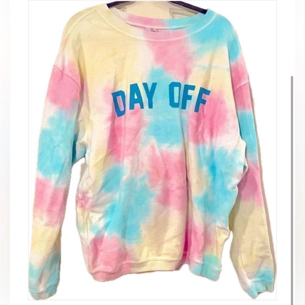 Pastel, tie dye, ribbed, crewneck sweater. Rainbow Tie-Dye Corded Crew